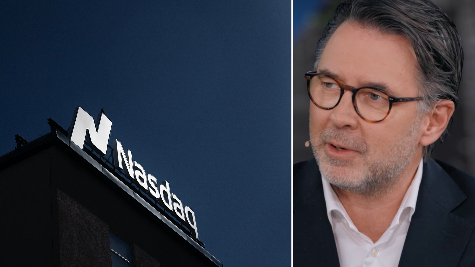 NASDAQ-logotyp och porträtt av en man med glasögon