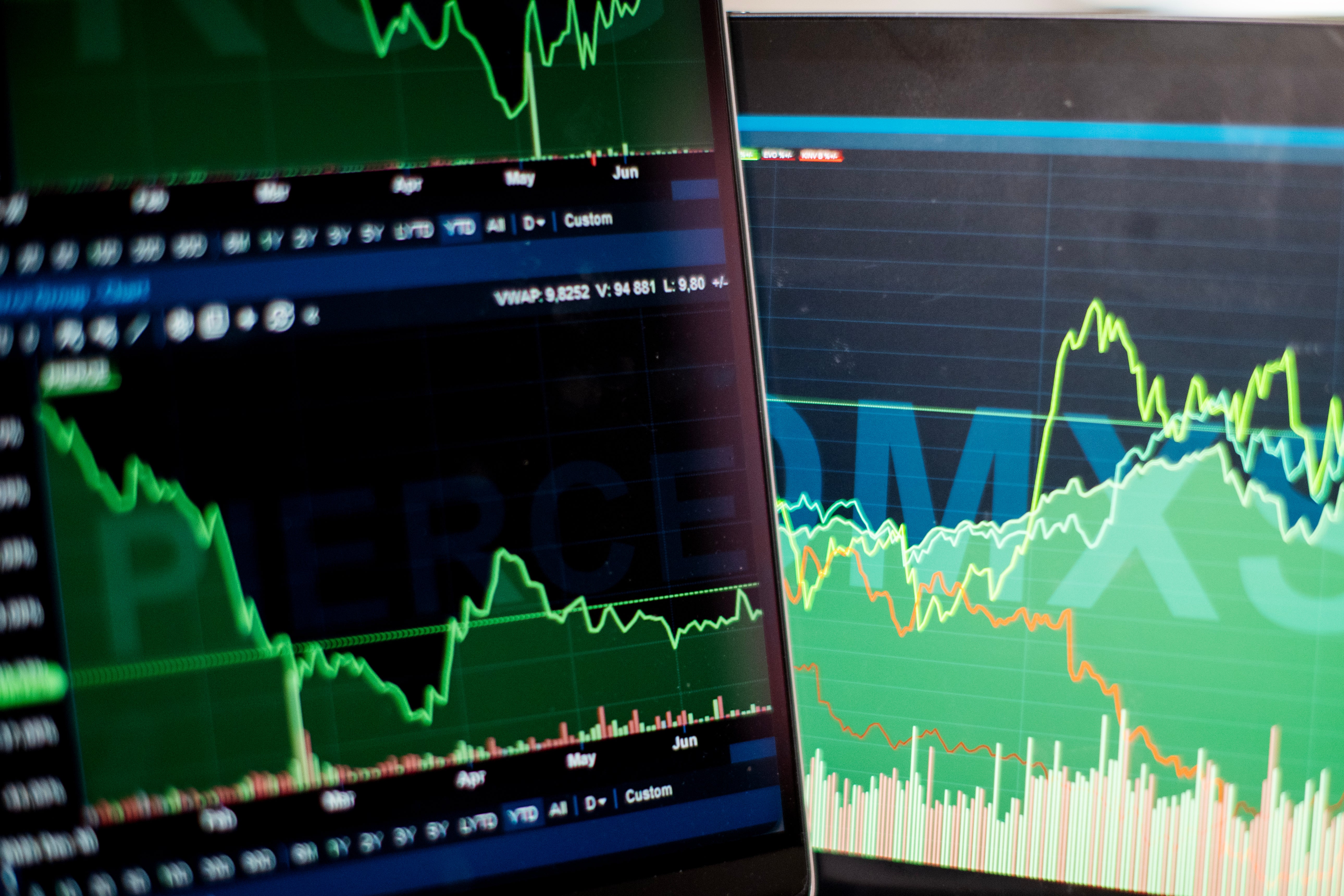 Två datorskärmar visar finansiella grafer med gröna och gula linjer som representerar aktiekurser och marknadsdata.