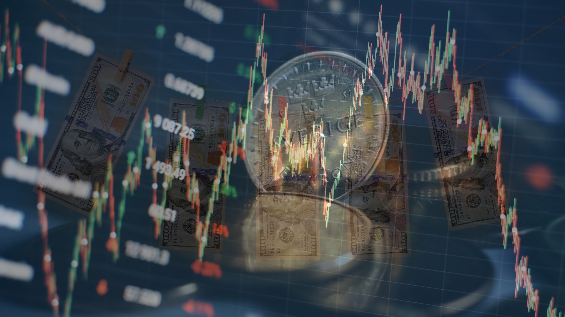 Illustration av aktiemarknad med kryptovaluta, börsgrafer och pengar som symboliserar finansiell handel och investeringar.