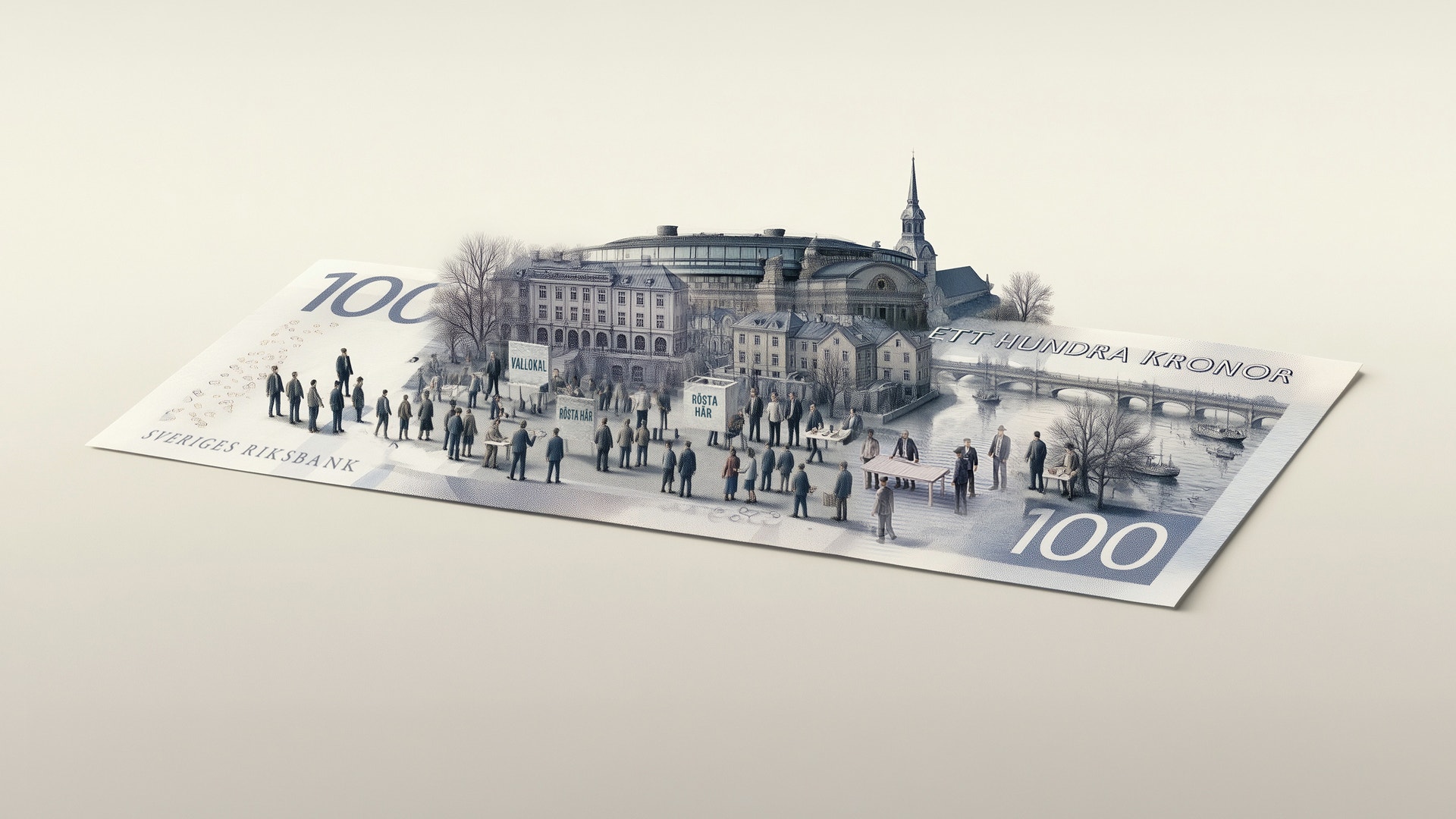 En hundralappsedel med en tredimensionell stadsmiljö och många människofigurer som står på sedeln.