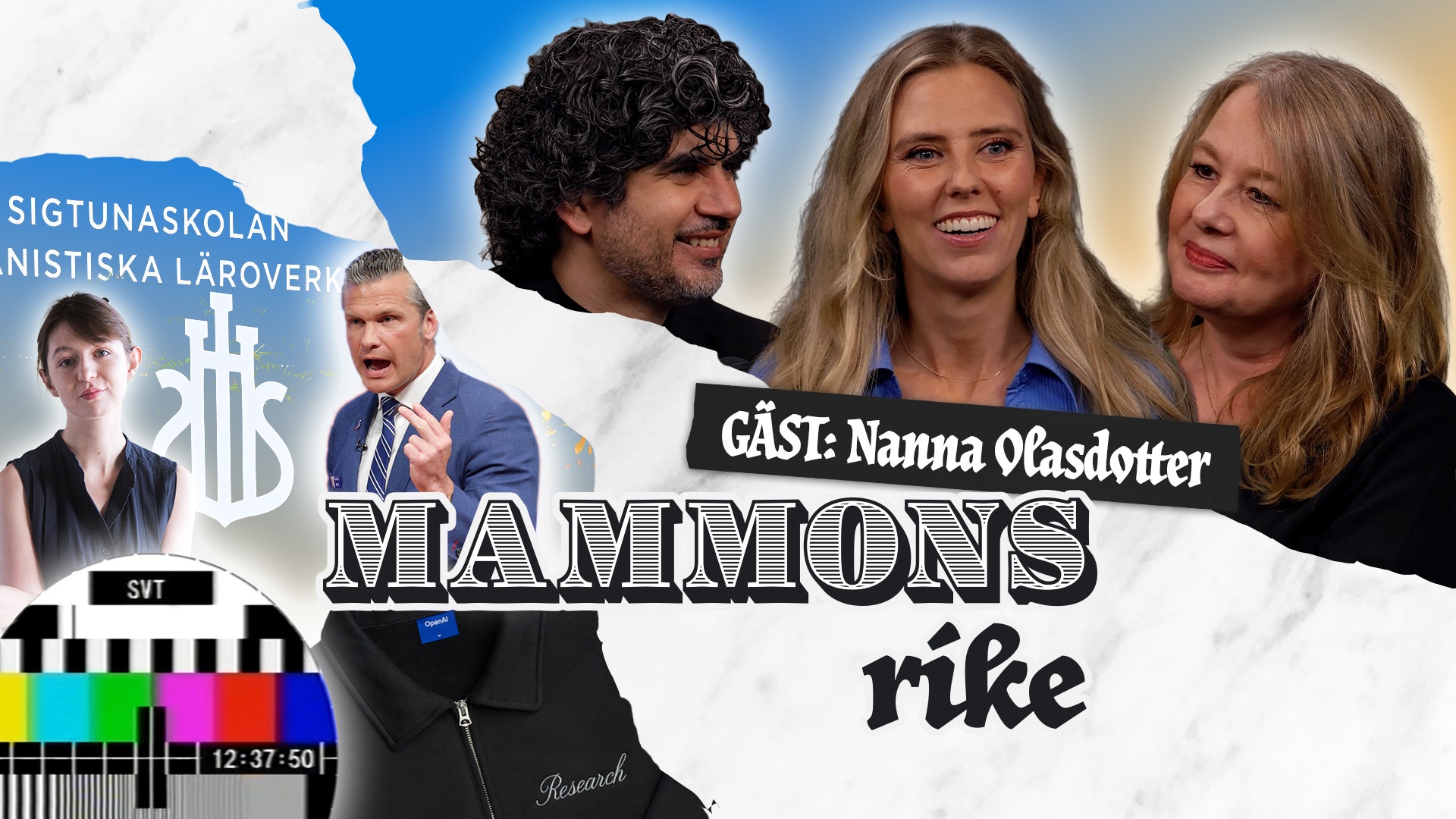 Programbild för Mammons rike med tre leende personer och texten "Gäst: Nanna Olasdotter". I bakgrunden syns bland annat en SVT-testbild.