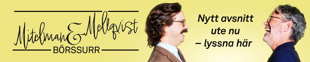 Banner för Michelmans Målgång-podden Börssurr med två män och svensk text på gul bakgrund