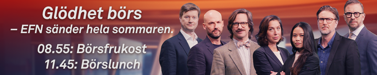 Banner för Glädhet börs - EFN sänder hela sommaren. Visar en grupp människor mot röd bakgrund med information om sändningstider: 08.55 Bösruskost och 11.45 Börslunch.