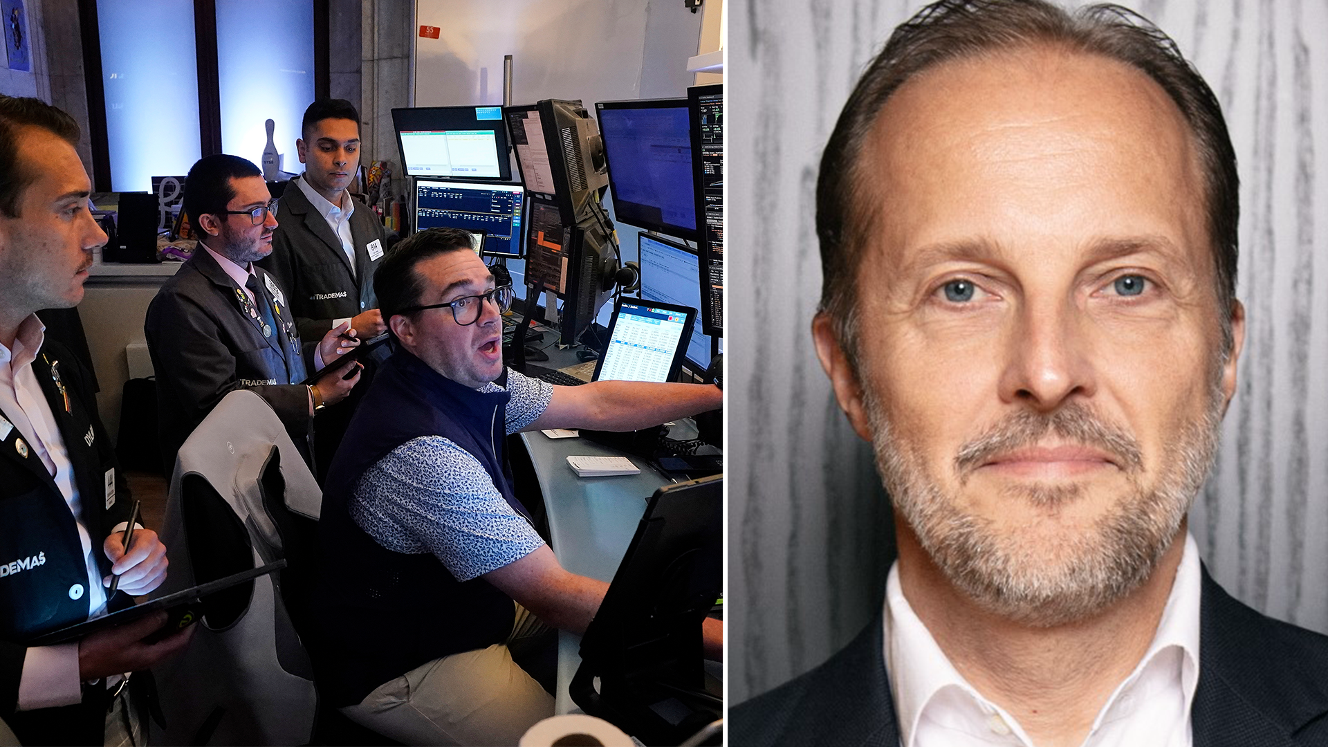 Genrebild från ett börsgolv till vänster, bild på Carl Björkegren på Enspiri till höger.