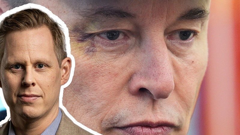 Ett montage på andreas utterström och Elon Musk, där Elon Musk ser besviken ut i bakgrunden.