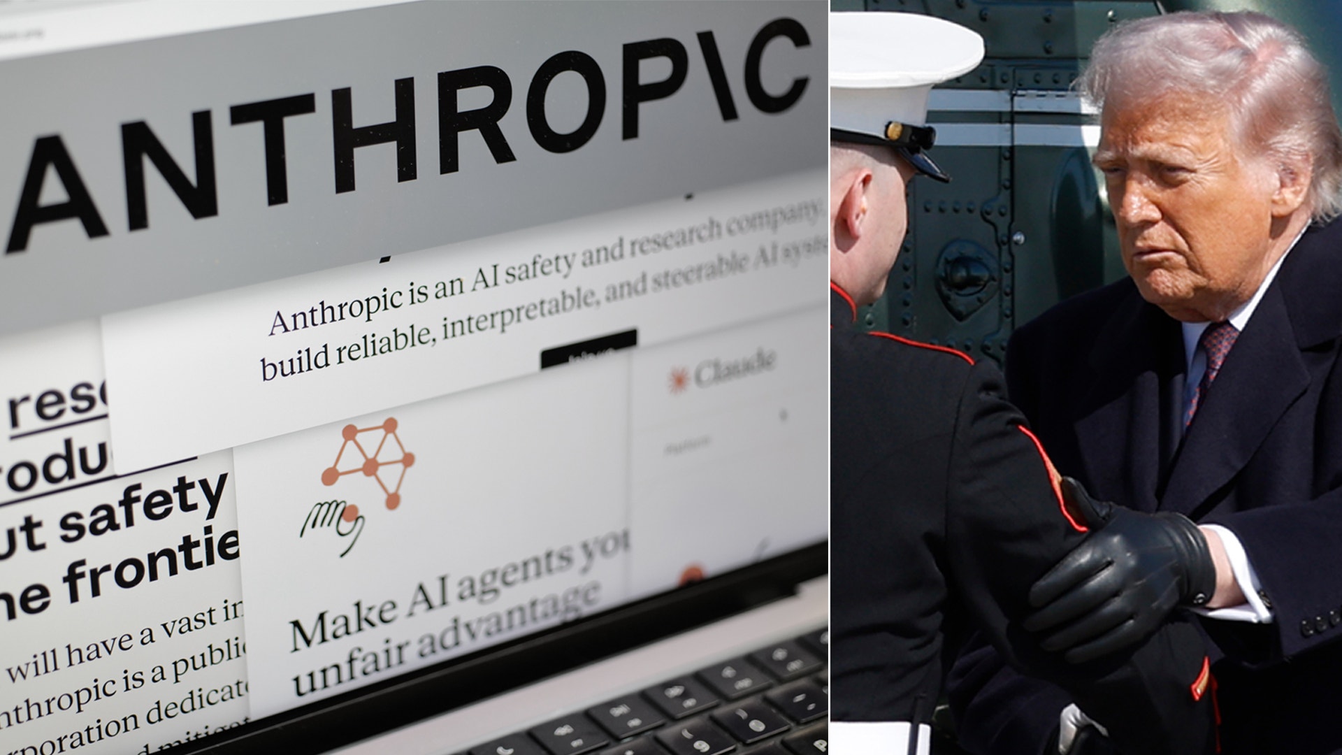 En delad bild som visar en datorskärm med text om Anthropic och AI-säkerhet på vänster sida, och en person i kostym på höger sida.