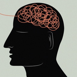 Illustration av ett mänskligt huvud i profil med en röd, virvlande hjärna som symboliserar kognitiv förändring eller förvirring.