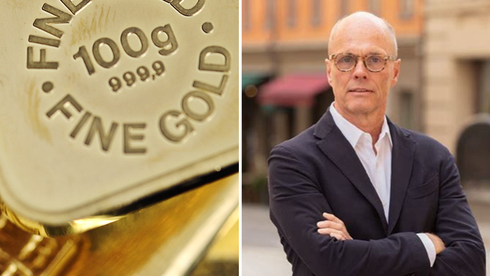 Delad bild: till vänster en guldtacka märkt 100g fine gold, till höger porträtt av en man med glasögon och mörkblå kavaj.