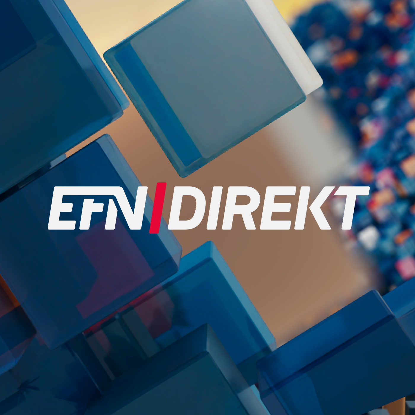 Logotypen för podden EFN Direkt framför blå och genomskinliga kuber mot en suddig, färgglad bakgrund.