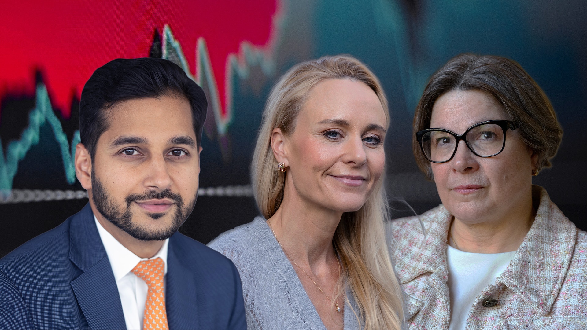 Tre personer, en man och två kvinnor, framför en suddig bakgrund med en finansgraf i rött och grönt.