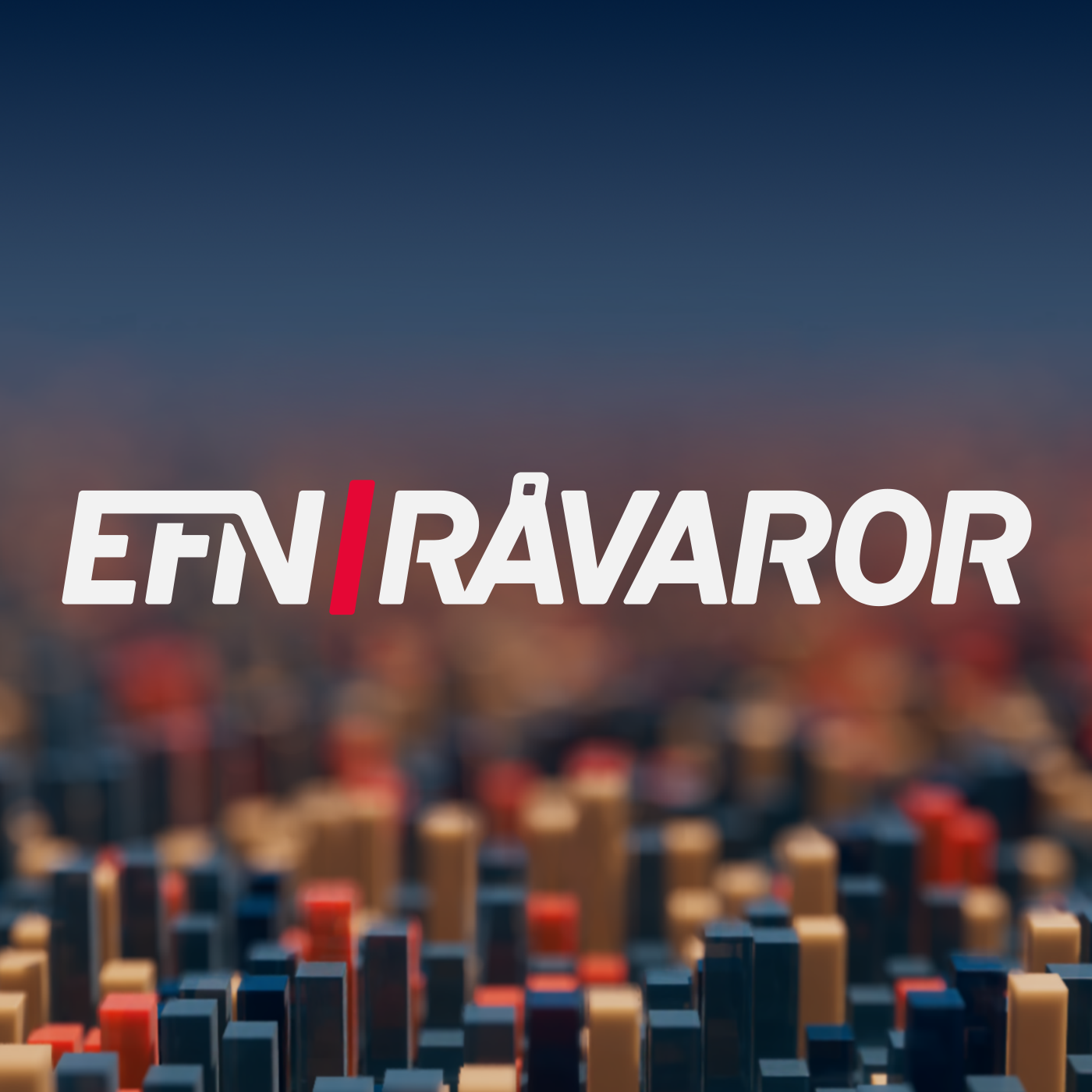 Logotypen för EFN Råvaror i vitt och rött över en suddig bakgrund av färgglada stapeldiagram i mörkblått, orange och rött.