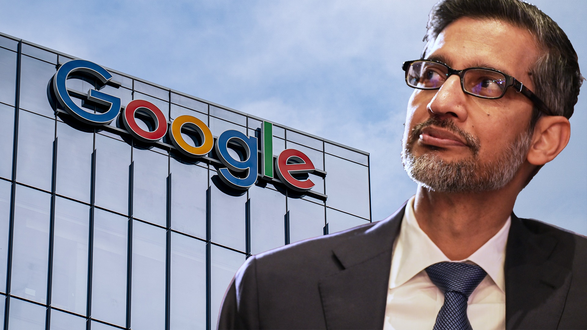 Man i kostym och glasögon framför en byggnad med Googles färgglada logga