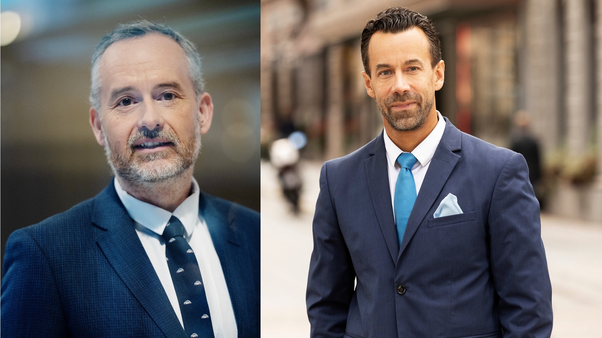 Två män i kostym och slips poserar för porträttfotografier.