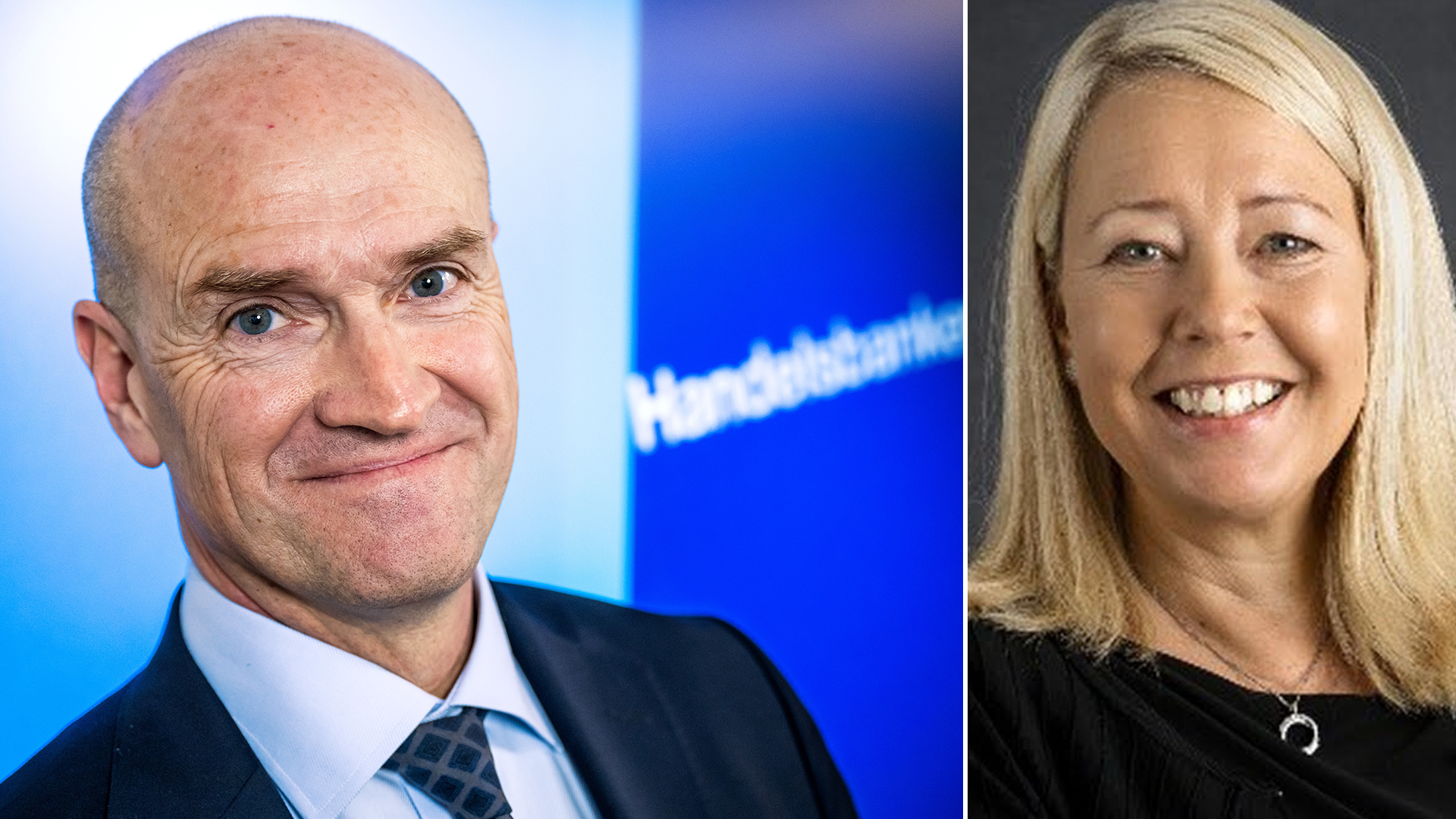 Porträttbilder på en man och en kvinna från Handelsbanken.