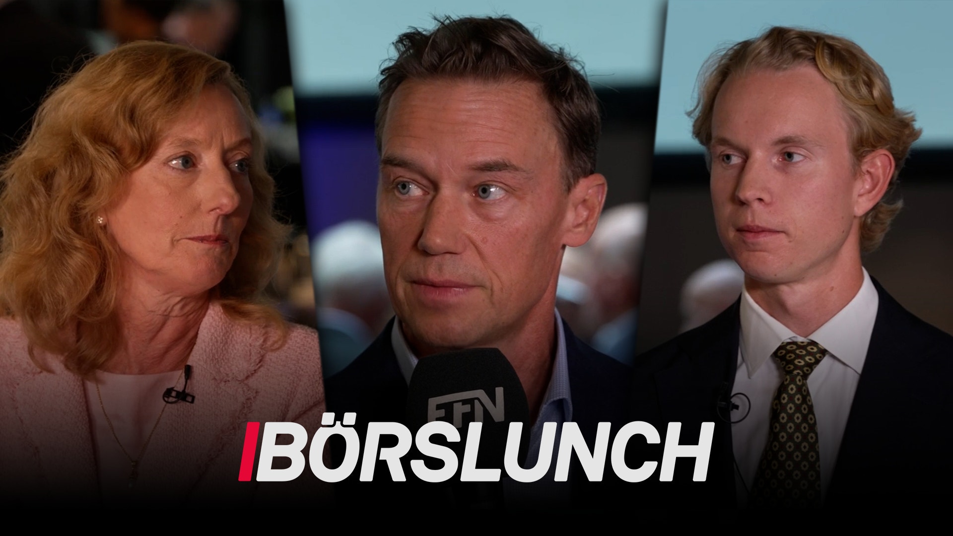 Tre personer i formell klädsel i en TV-studio. Texten BÖRSLUNCH visas längst ned på bilden.