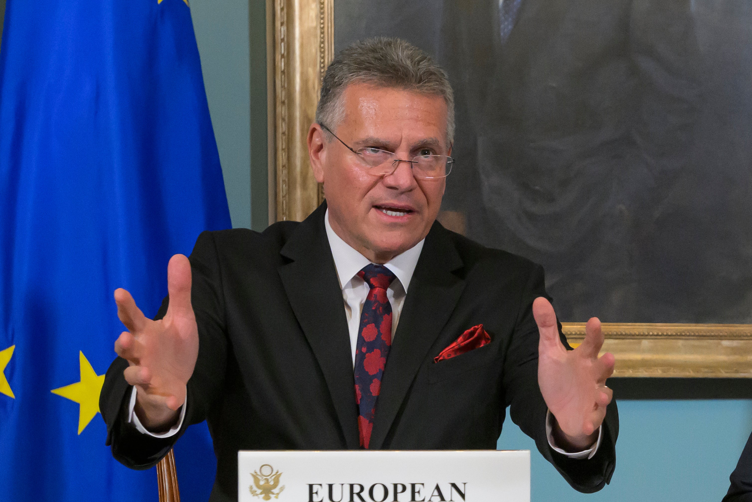 En man i svart kostym och röd slips talar vid ett podium. Han gestikulerar med båda händerna. I bakgrunden syns EU-flaggan och ett porträtt i guldram.
