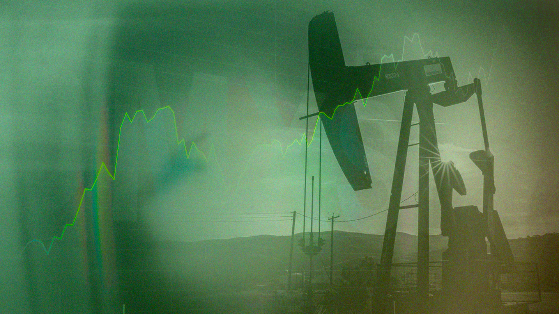 Silhuett av en oljepump med överlagrad aktiekursdiagram i gröna toner, symboliserande energi- och finansmarknad.