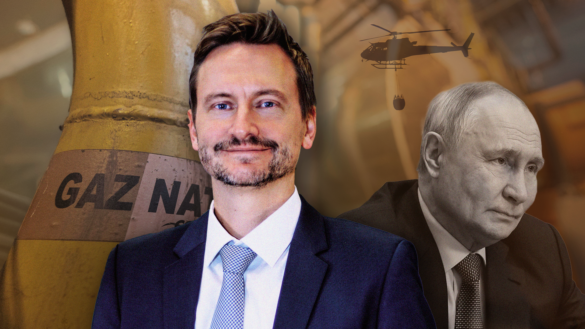 Sammansatt bild som visar en man i blå kostym tillsammans med porträttet av Vladimir Putin, med symboler för gas och militär i bakgrunden.