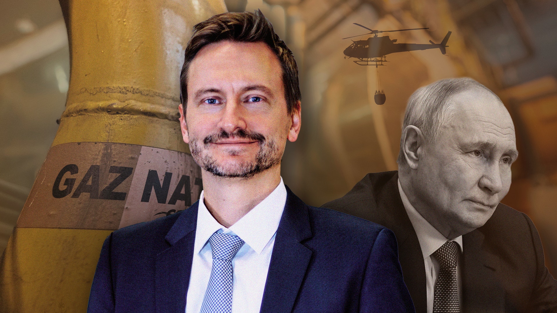 Sammansatt bild som visar en man i blå kostym tillsammans med porträttet av Vladimir Putin, med symboler för gas och militär i bakgrunden.