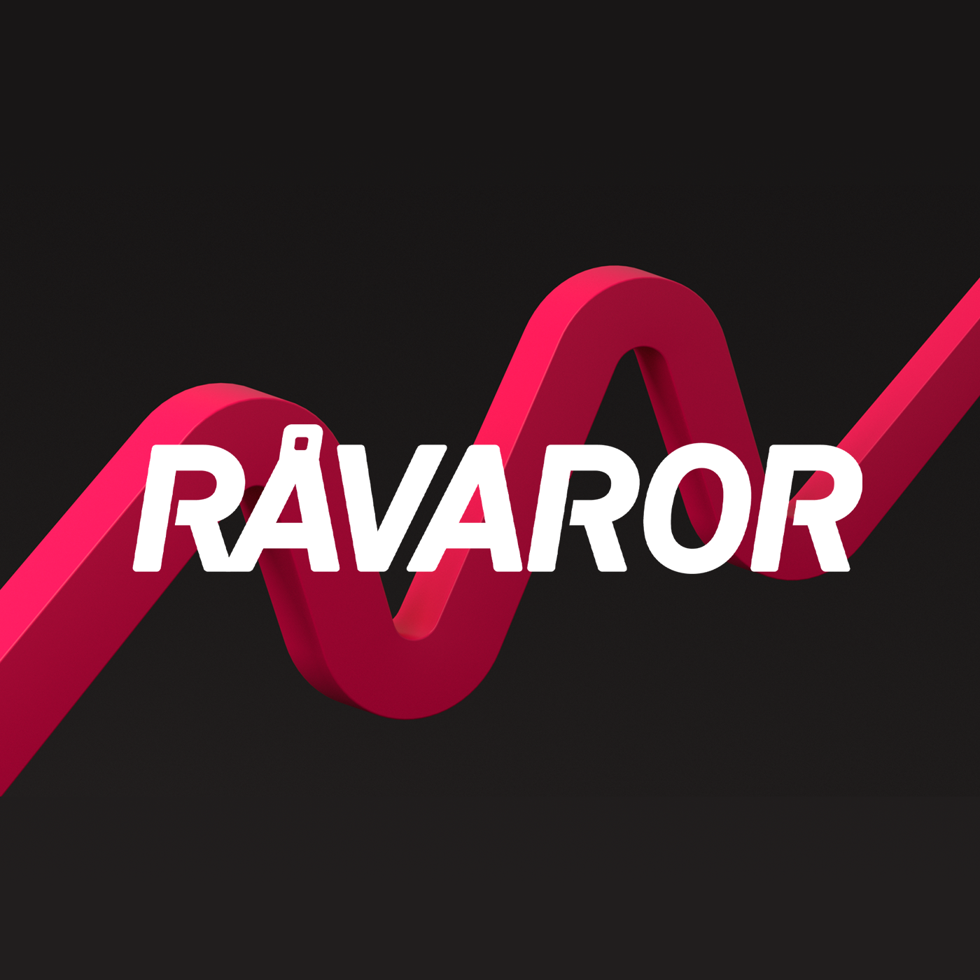 Logotyp för Råvaror-podden med vit text och röd vågformad grafik på svart bakgrund