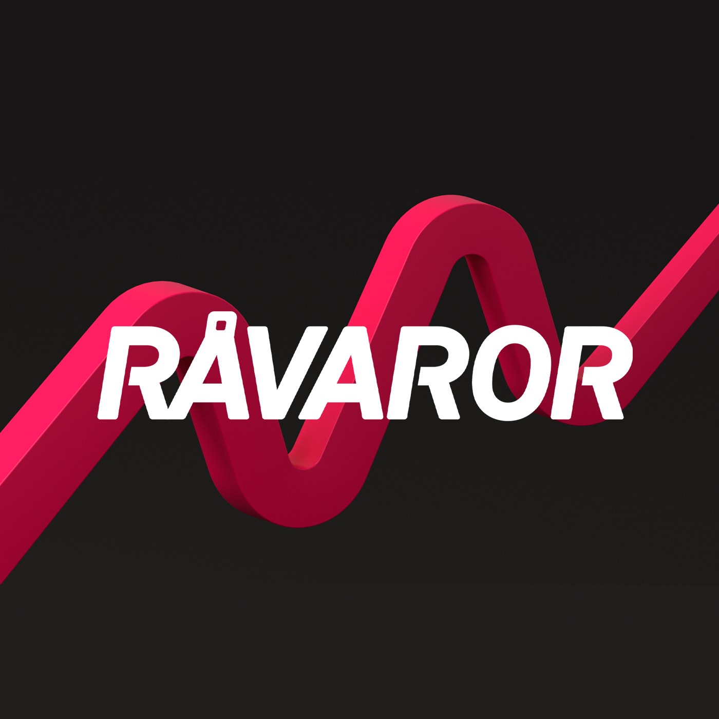 Logotyp för Råvaror-podden med vit text och röd vågformad grafik på svart bakgrund