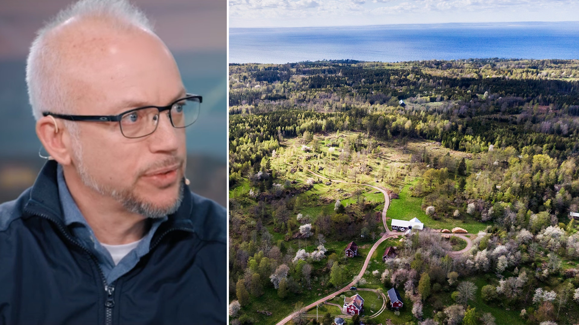 Kollage med porträtt av man med glasögon till vänster och flygfoto av skogslandskap med hus och vägar till höger.