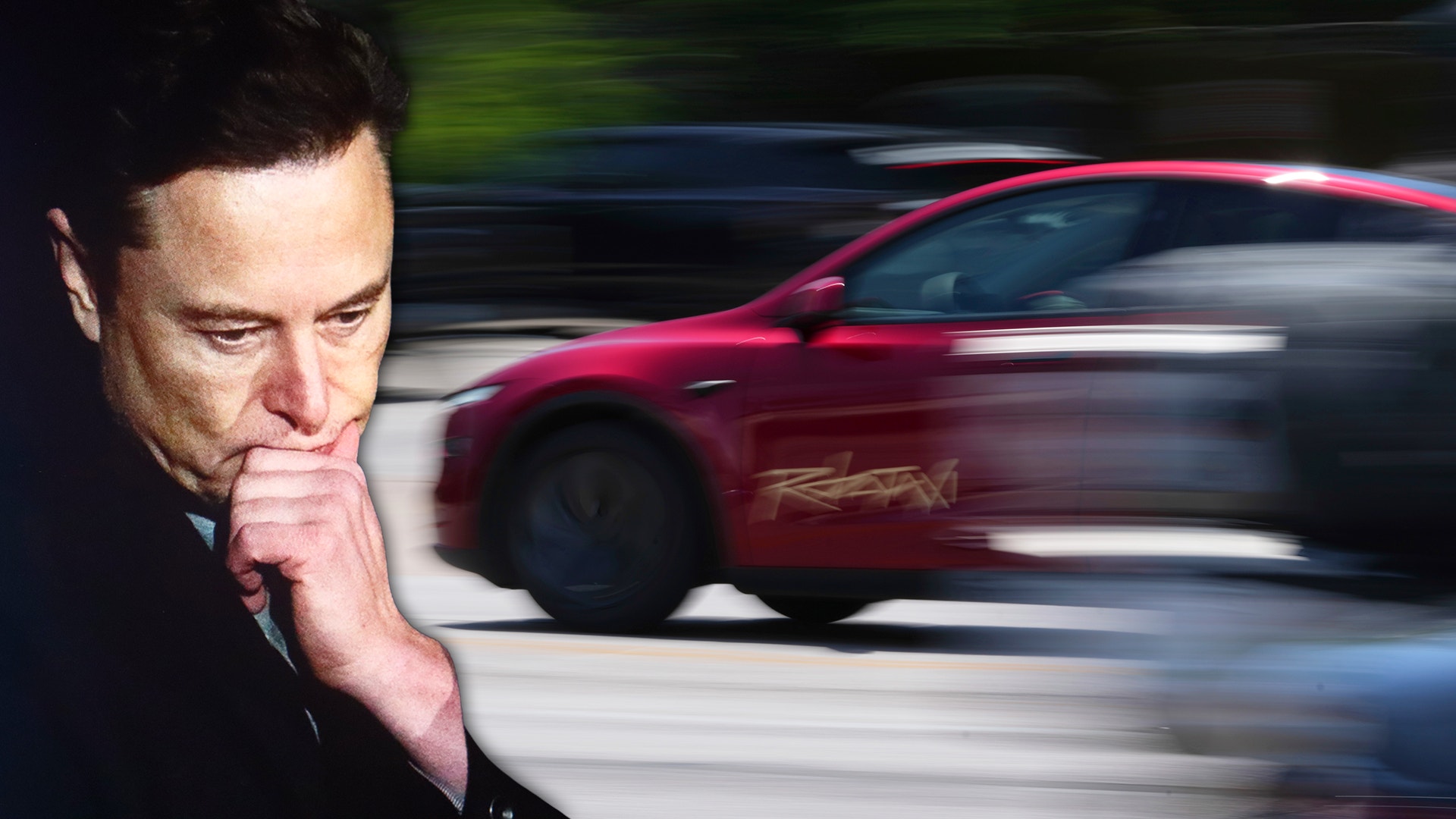En bekymrad Elon Musk och en suddig robotaxi.