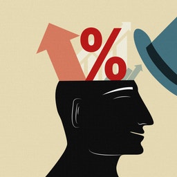 Illustration av en siluett som lyfter på hatten, med pilar och en procentsymbol som stiger upp ur huvudet, vilket symboliserar stigande inflation.