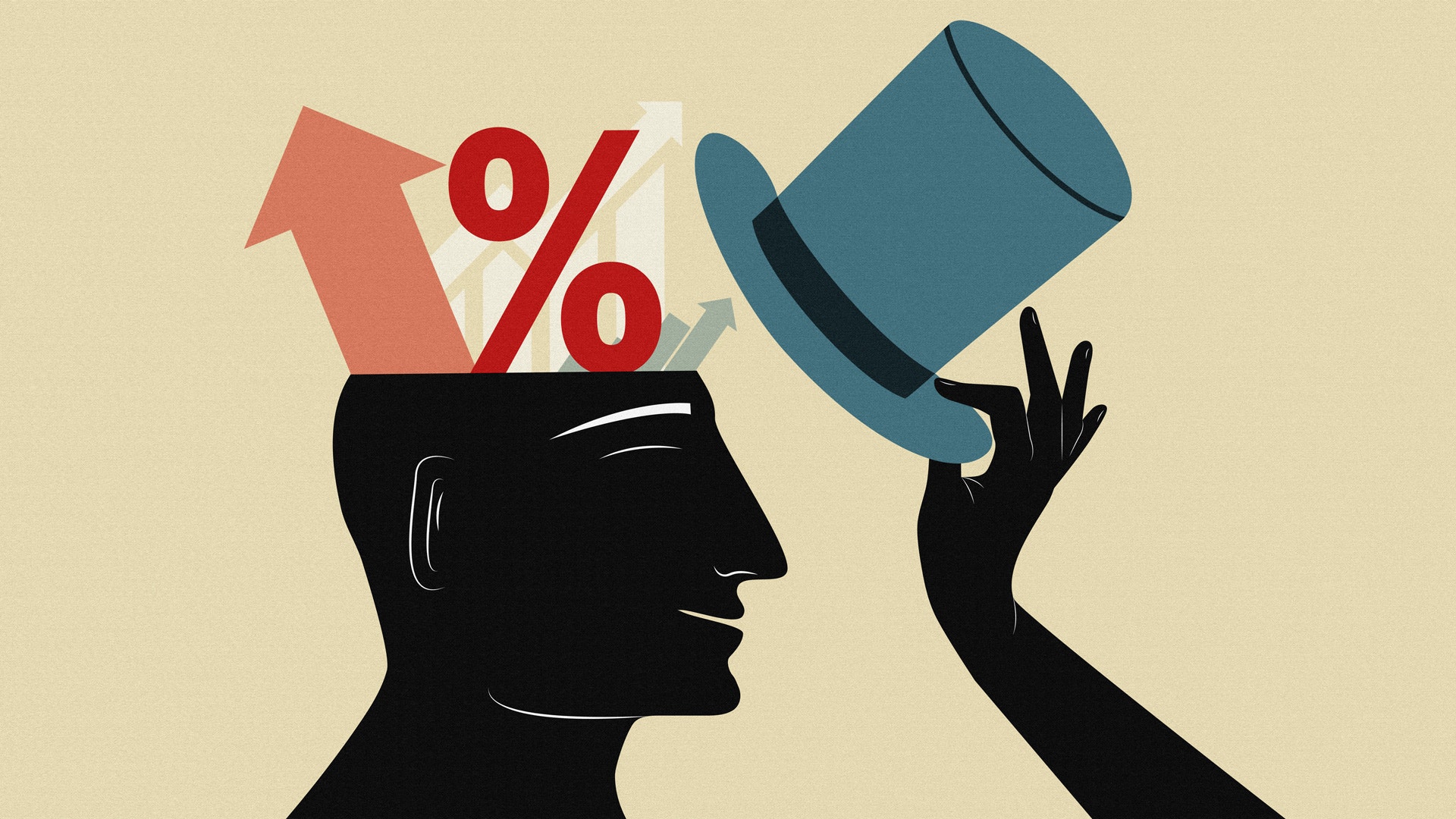 Illustration av en siluett som lyfter på hatten, med pilar och en procentsymbol som stiger upp ur huvudet, vilket symboliserar stigande inflation.