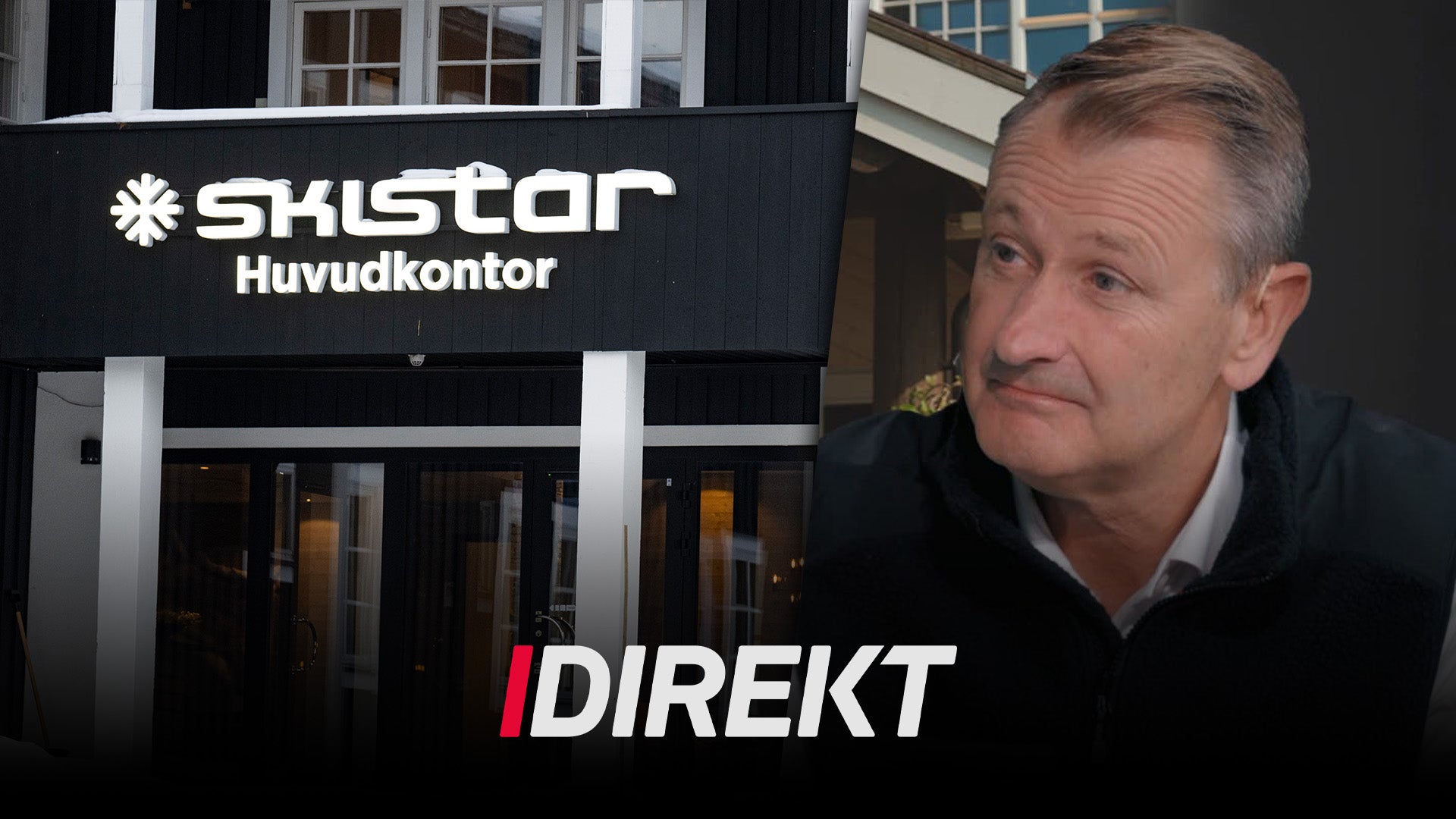 Man framför Skistar huvudkontor under intervju eller presentation