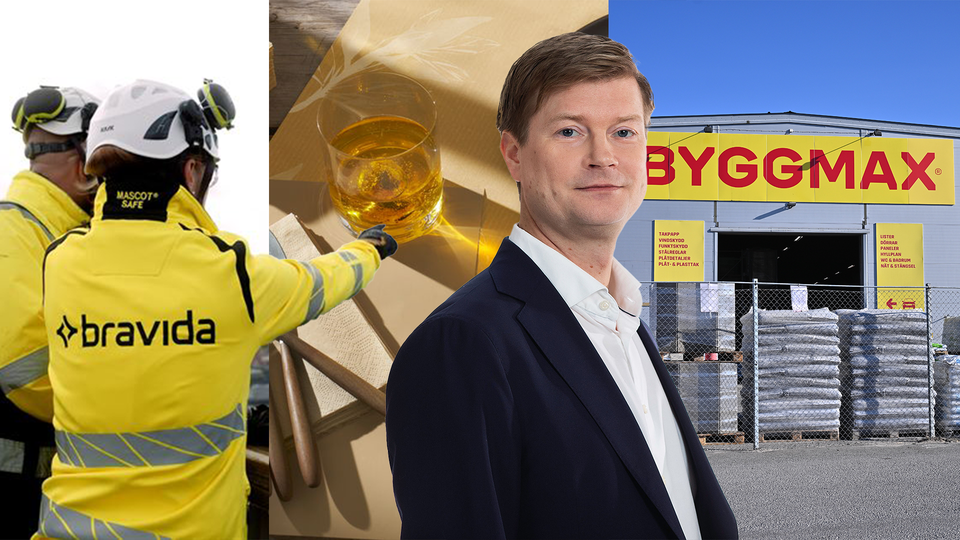 Montage av Peter Hedlund framför tre pressbilder av företagen Bravida, Duni och Byggmax.