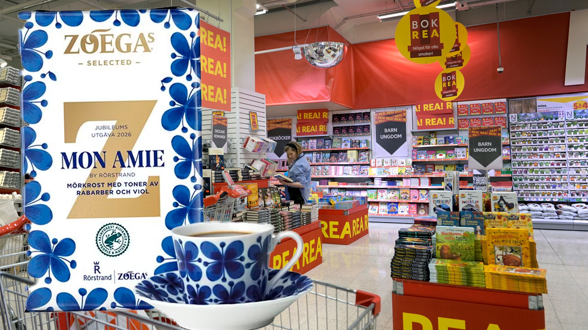 Butiksdisplay med stor blå och vit blomstrad reklamskyllt för Mon Amie-produkter i en mataffär