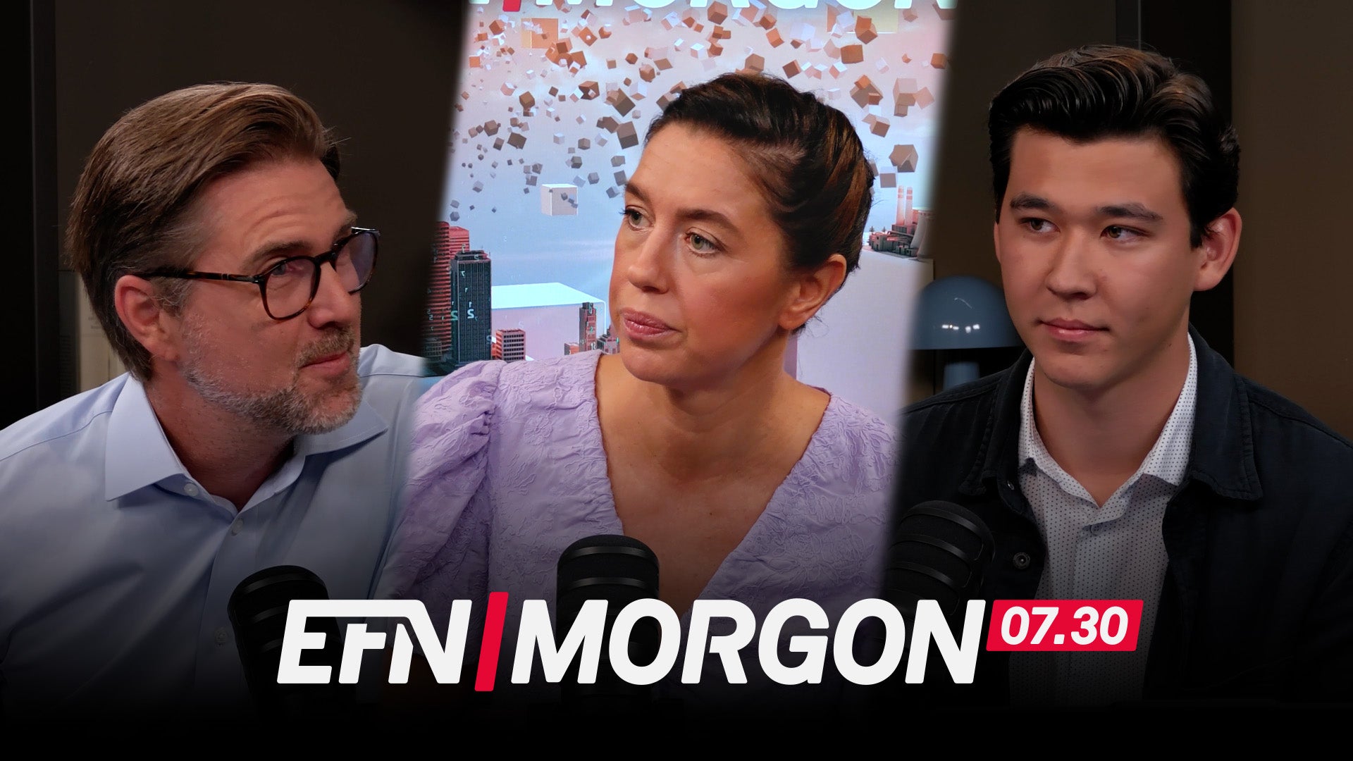 Tre män sitter tillsammans i en TV-studio och diskuterar. Logotypen EFN MORGON 07:30 visas längst ned på bilden.