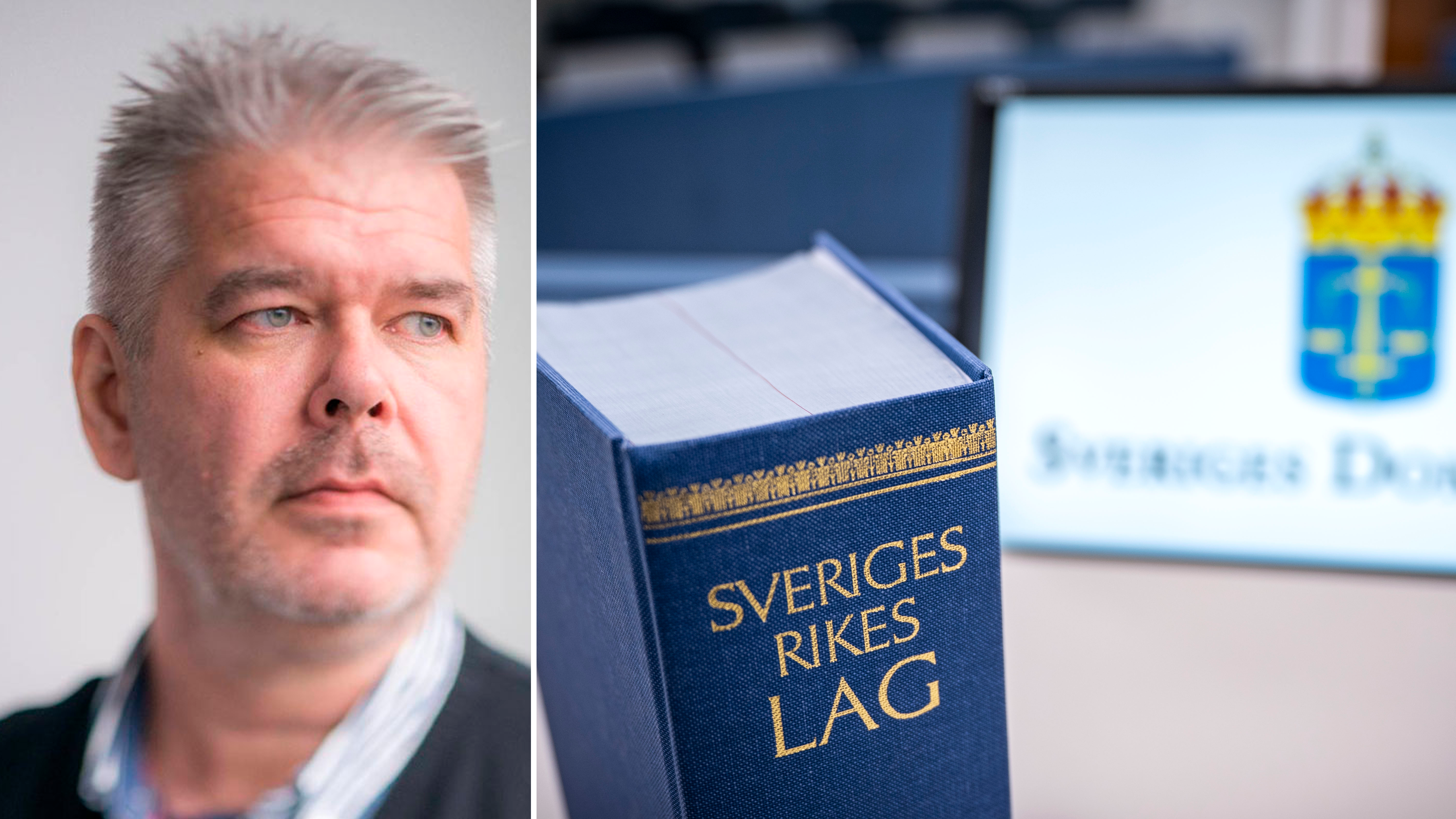 Porträtt av en man tillsammans med en blå lagbok märkt 'Sveriges Rikes Lag', en grundläggande juridisk referensbok.