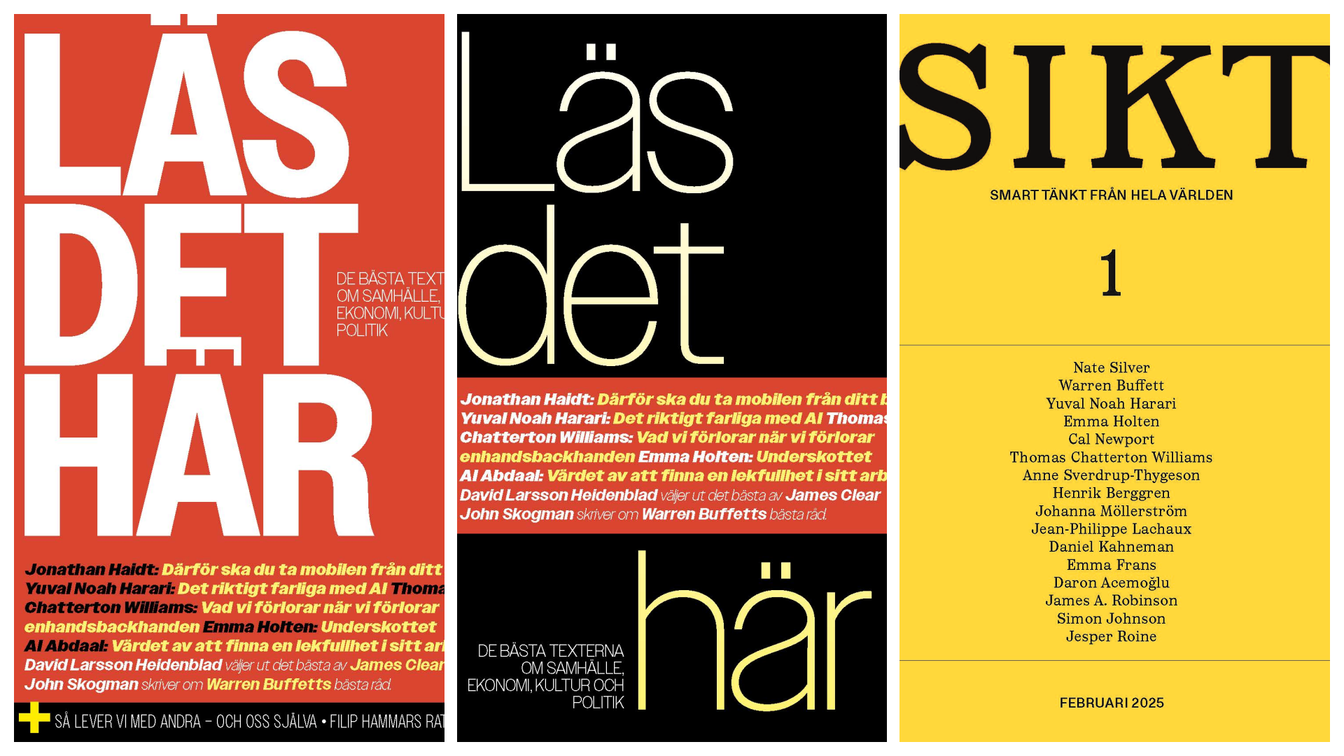 Collage av tre publikationsomslag med röd, svart och gul bakgrund och svensk text