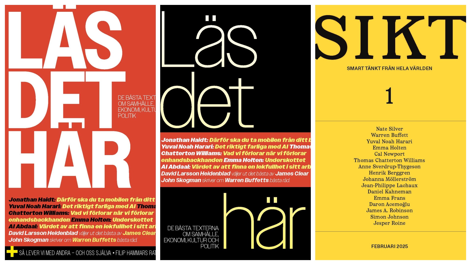 Collage av tre publikationsomslag med röd, svart och gul bakgrund och svensk text