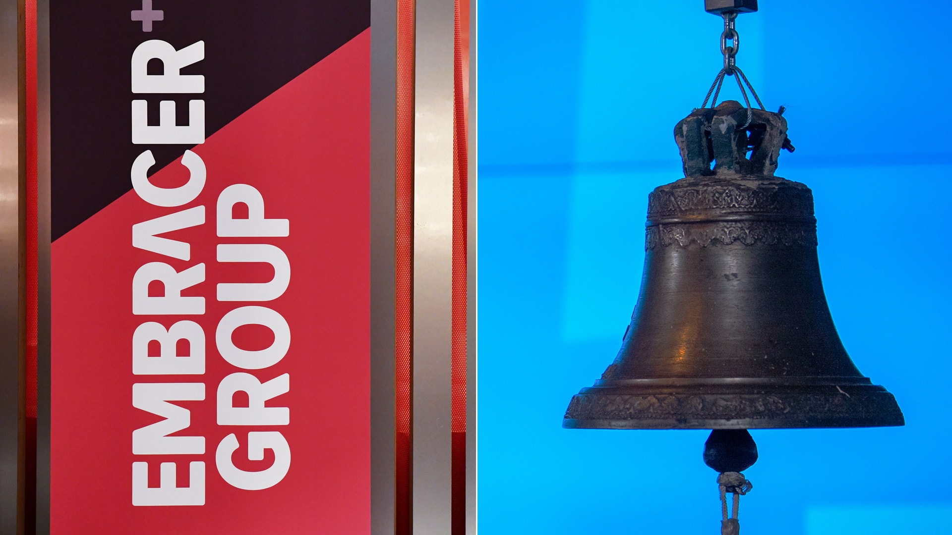 Embracer-logga till vänster och börsklocka till höger.