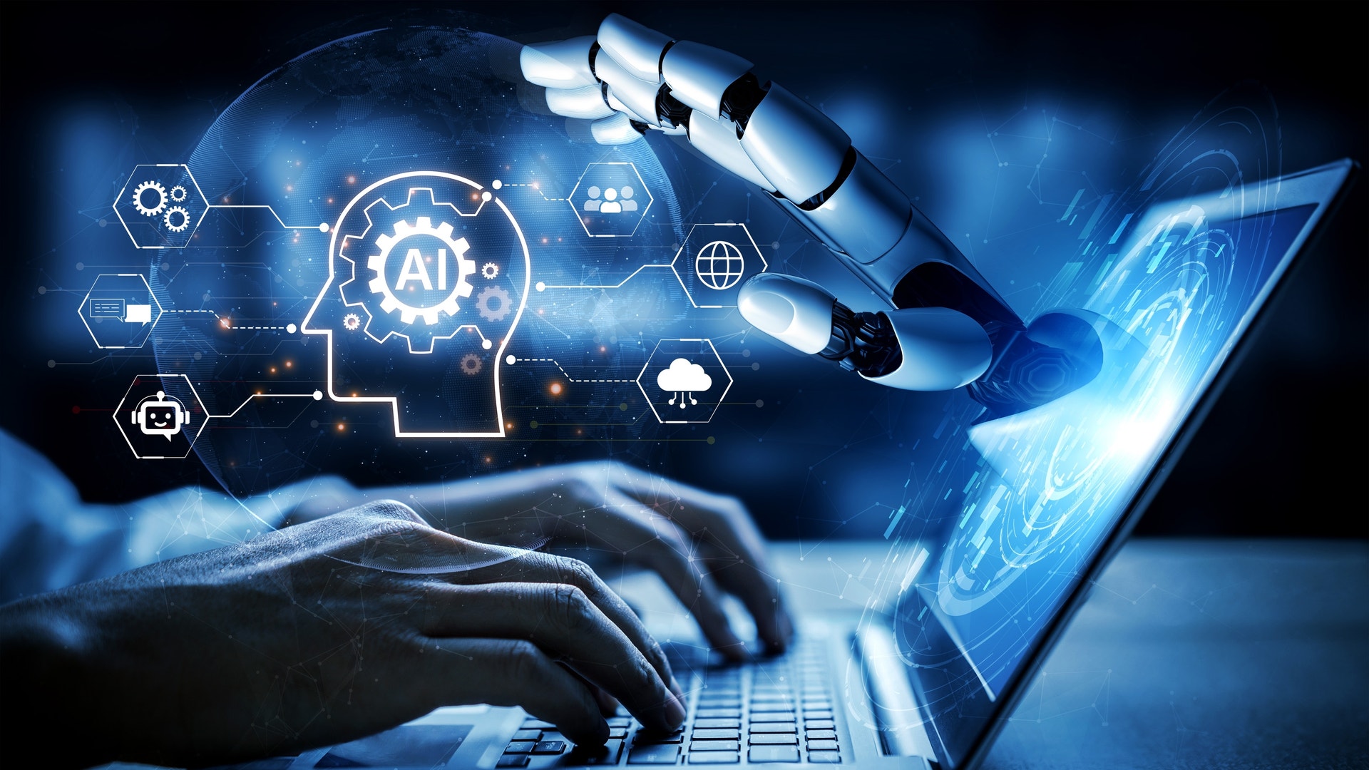 En robothand och en mänsklig hand skriver tillsammans på ett tangentbord, med symboler för artificiell intelligens svävande ovanför.