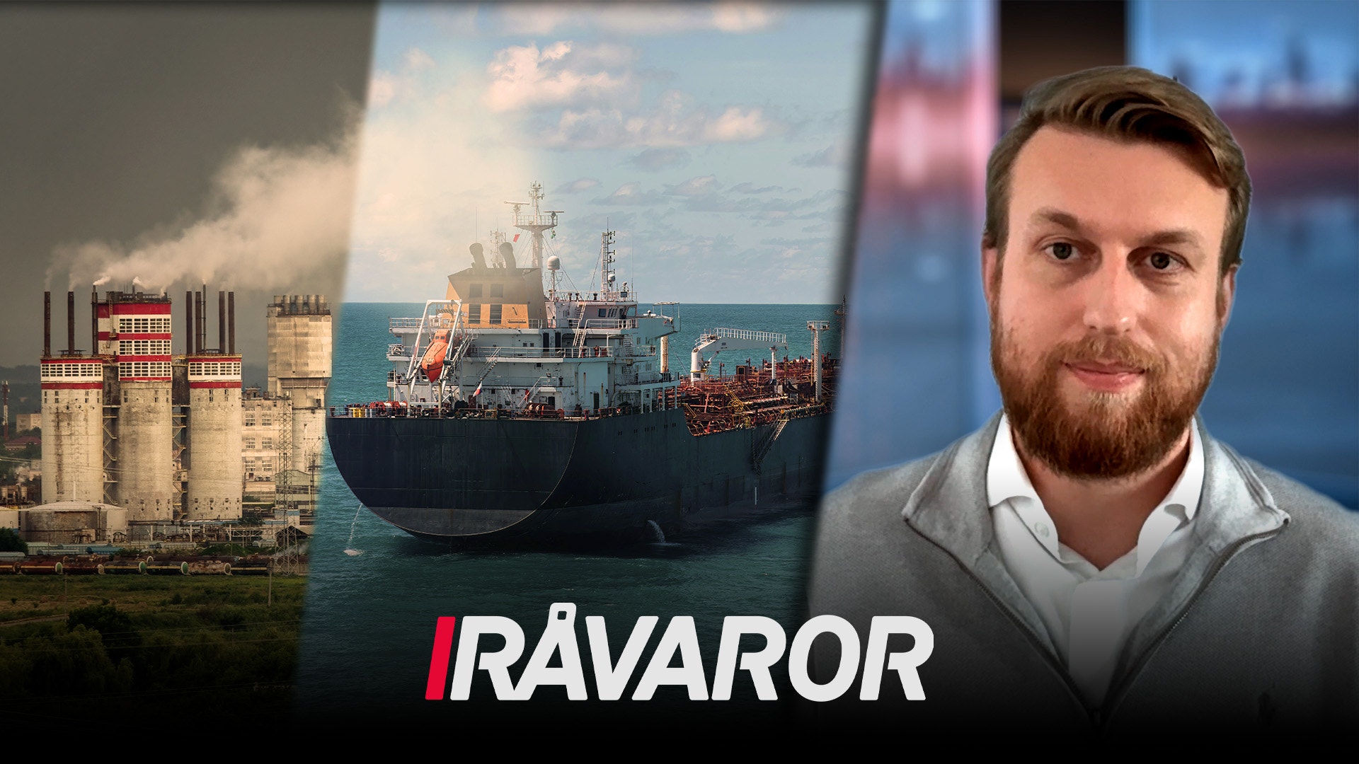 Collage med industrianläggning, lastfartyg och porträtt av man med RÅVAROR-logotyp