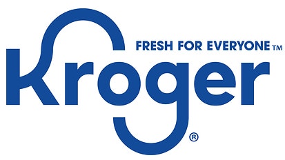 Kroger-logotypen med blå text och en stiliserad shoppingkorg-handtag som bildar bokstaven g
