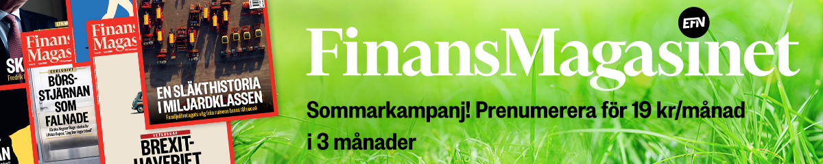 Banner för Finansmagasinets sommarkampanj med tidskriftsomslag och text om premiumera för 19 kr/månad