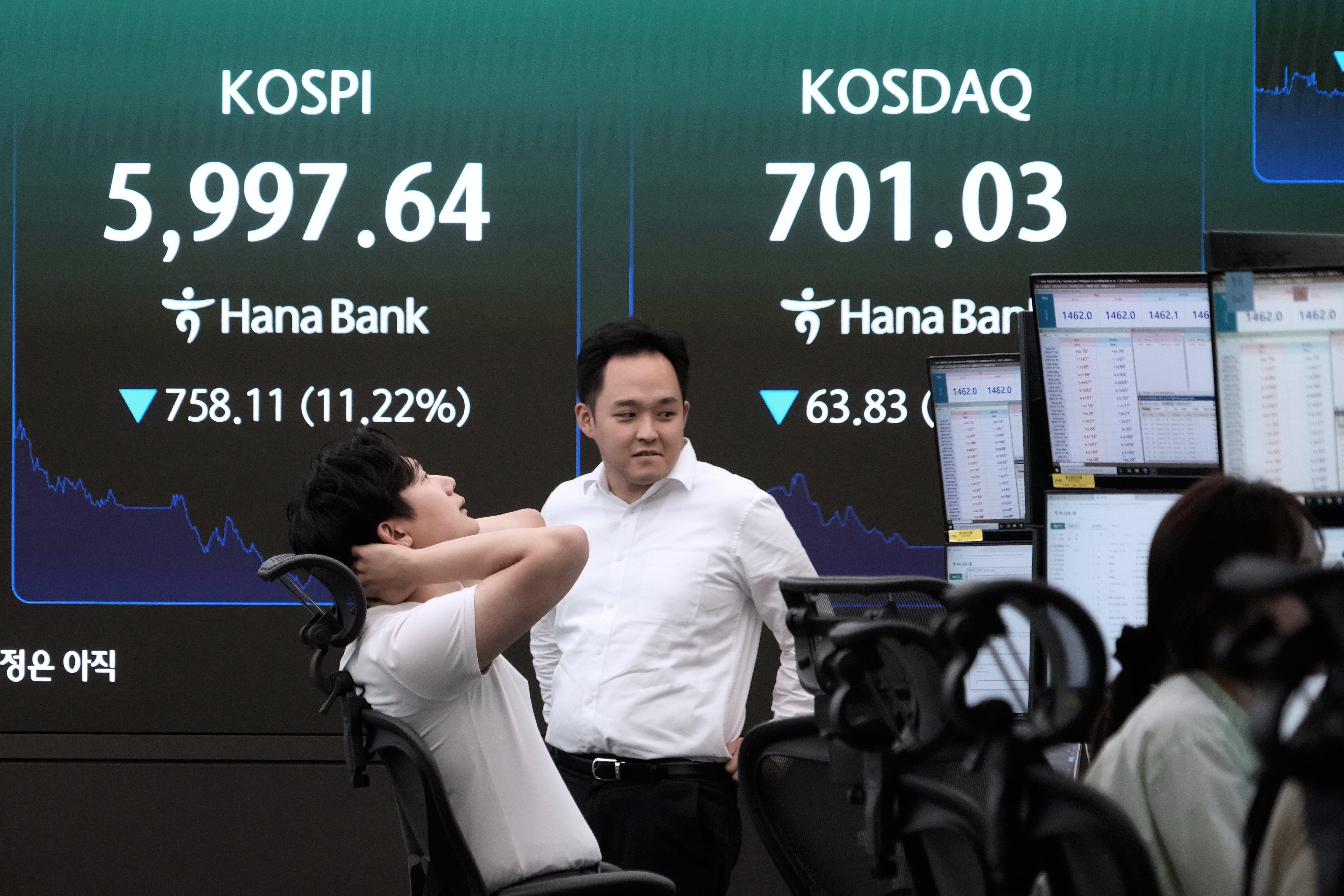 Två män i ett börshandelskontor framför en skärm som visar aktiemarknadskurser för KOSPI och KOSDAQ index.