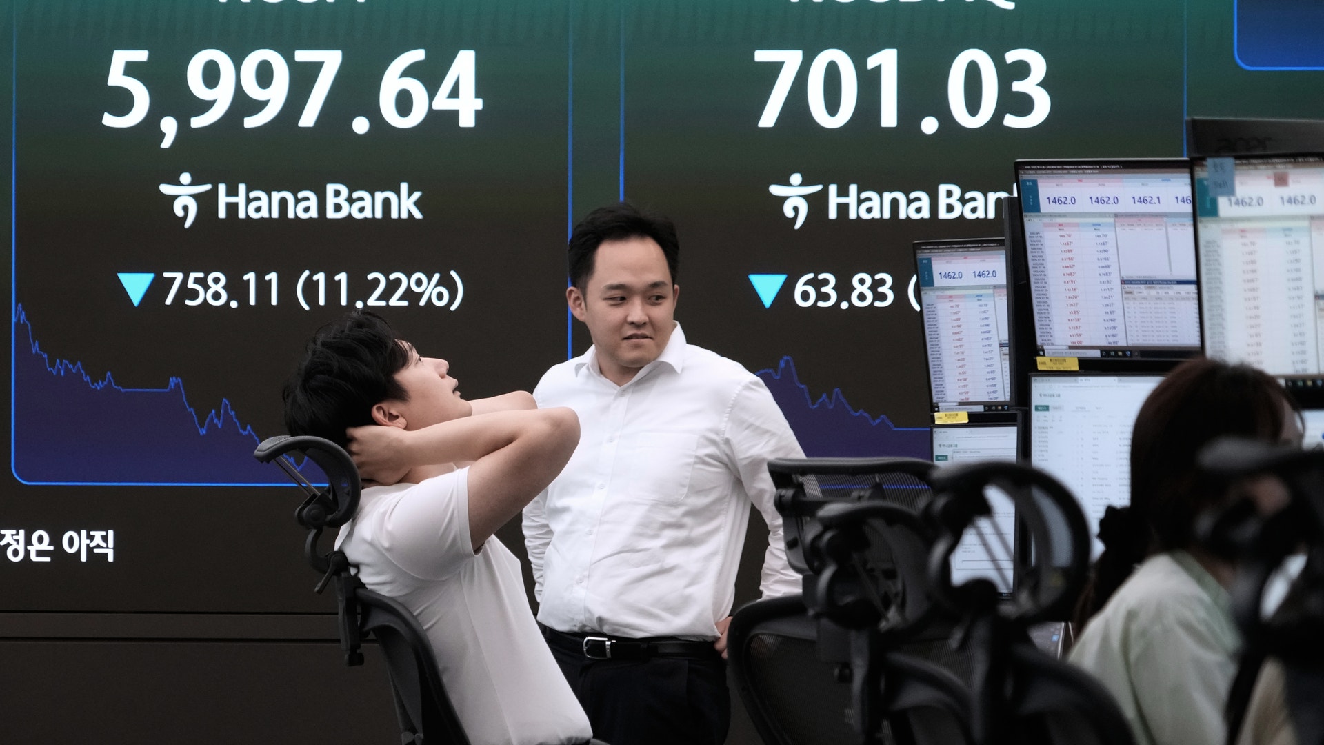 Två män i ett börshandelskontor framför en skärm som visar aktiemarknadskurser för KOSPI och KOSDAQ index.