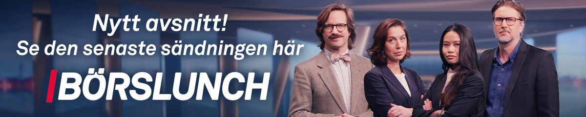 Banner för Börslunch-avsnittet med fyra professionella personer och texten 'Nytt avsnitt! Se den senaste sändningen här Börslunch'