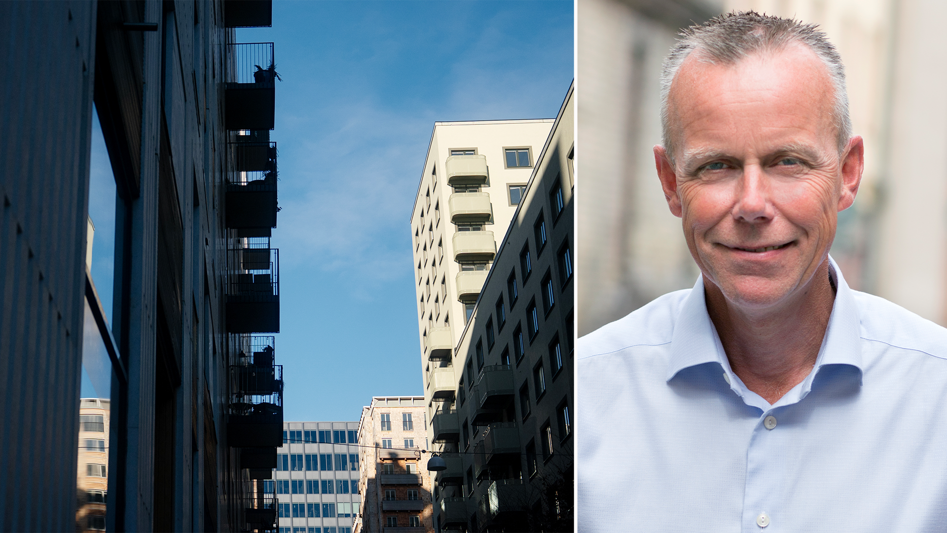 Sammansatt bild med urbana bostadshus och porträtt av en man i blå skjorta