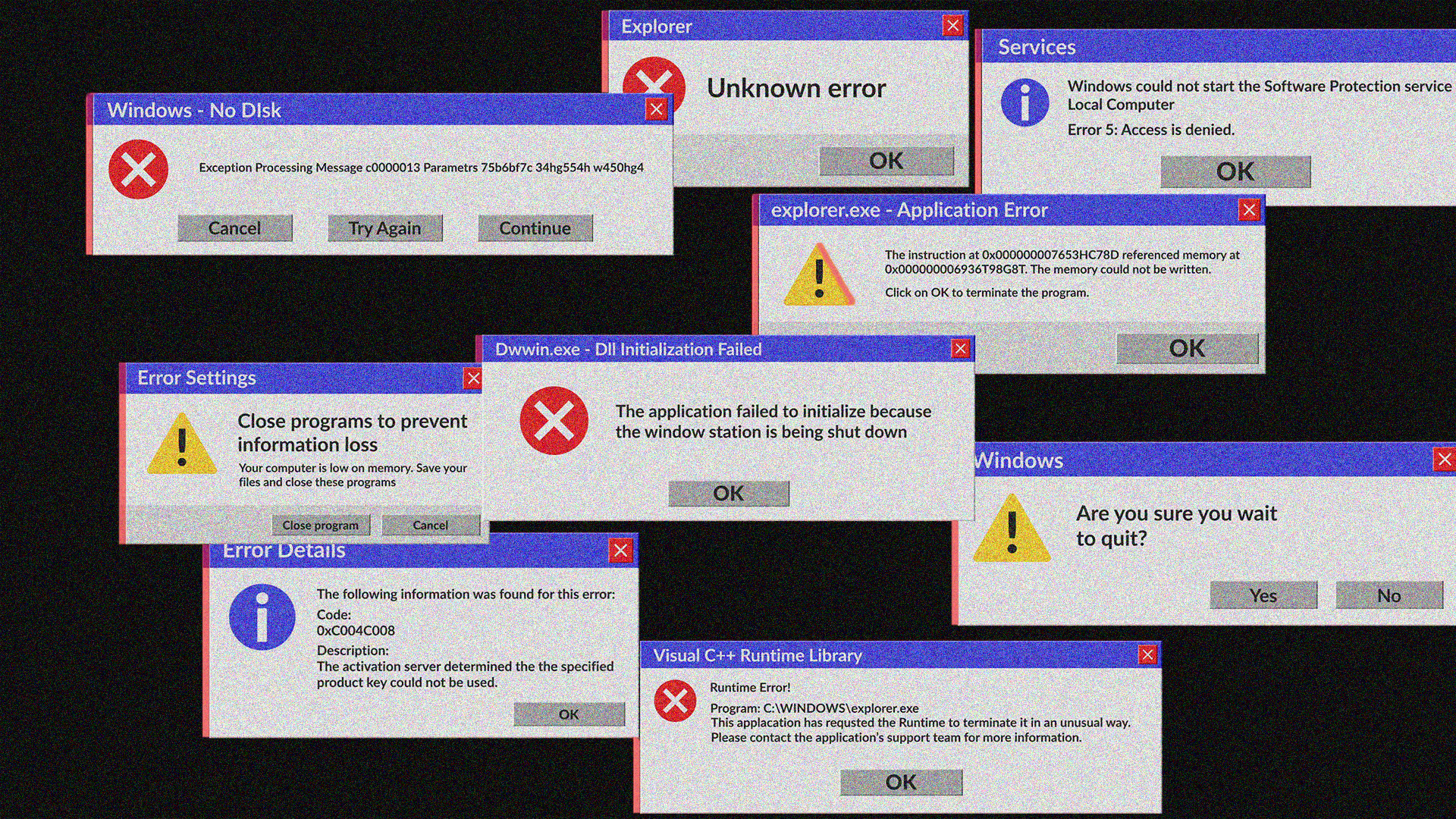 Skärmbild med flera överlappande Windows-felmeddelanden och dialogrutor från olika program.