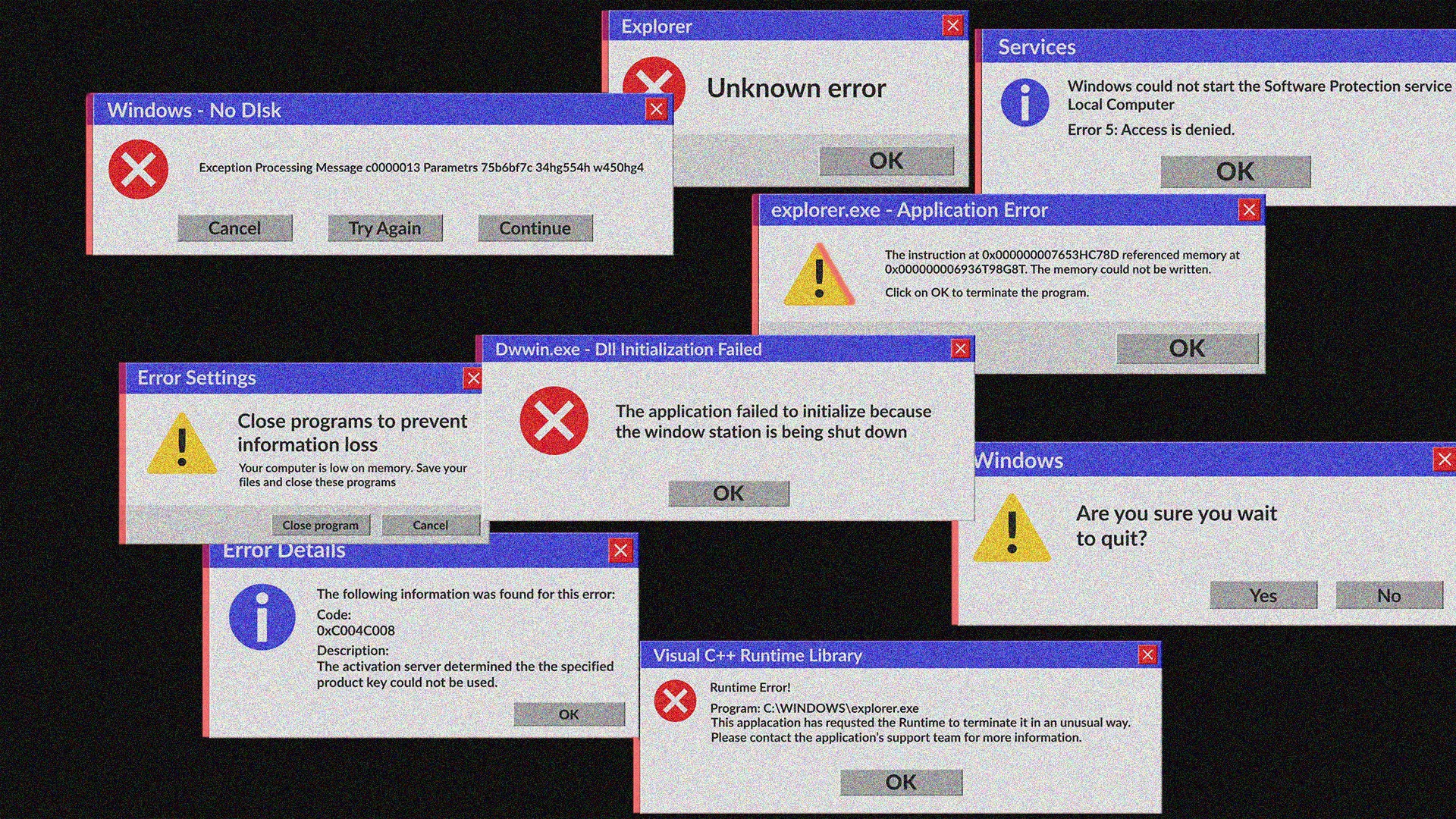 Skärmbild med flera överlappande Windows-felmeddelanden och dialogrutor från olika program.