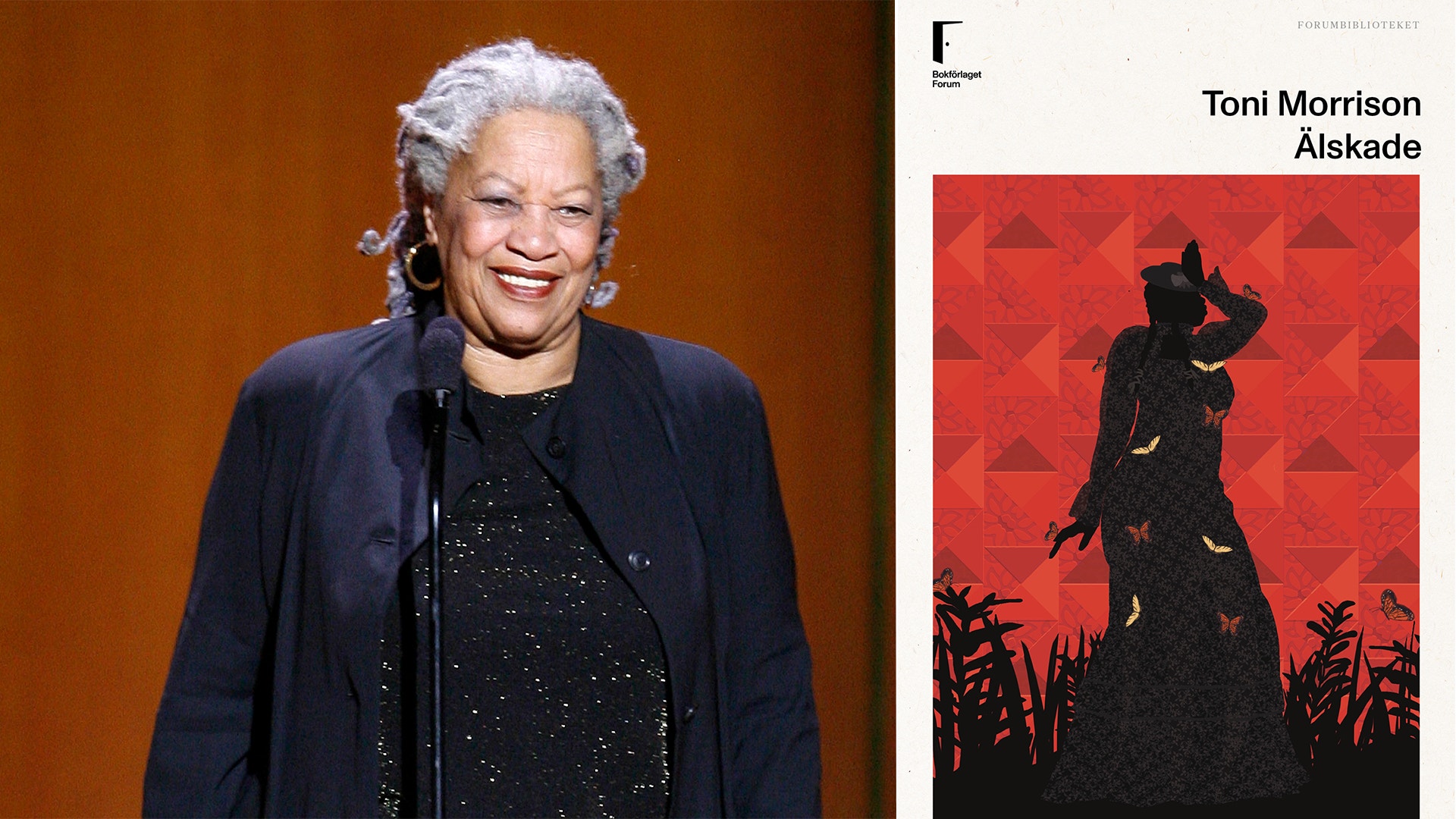 Porträttbild av författaren Toni Morrison vid en mikrofon, samt bokomslaget till hennes roman Älskade.