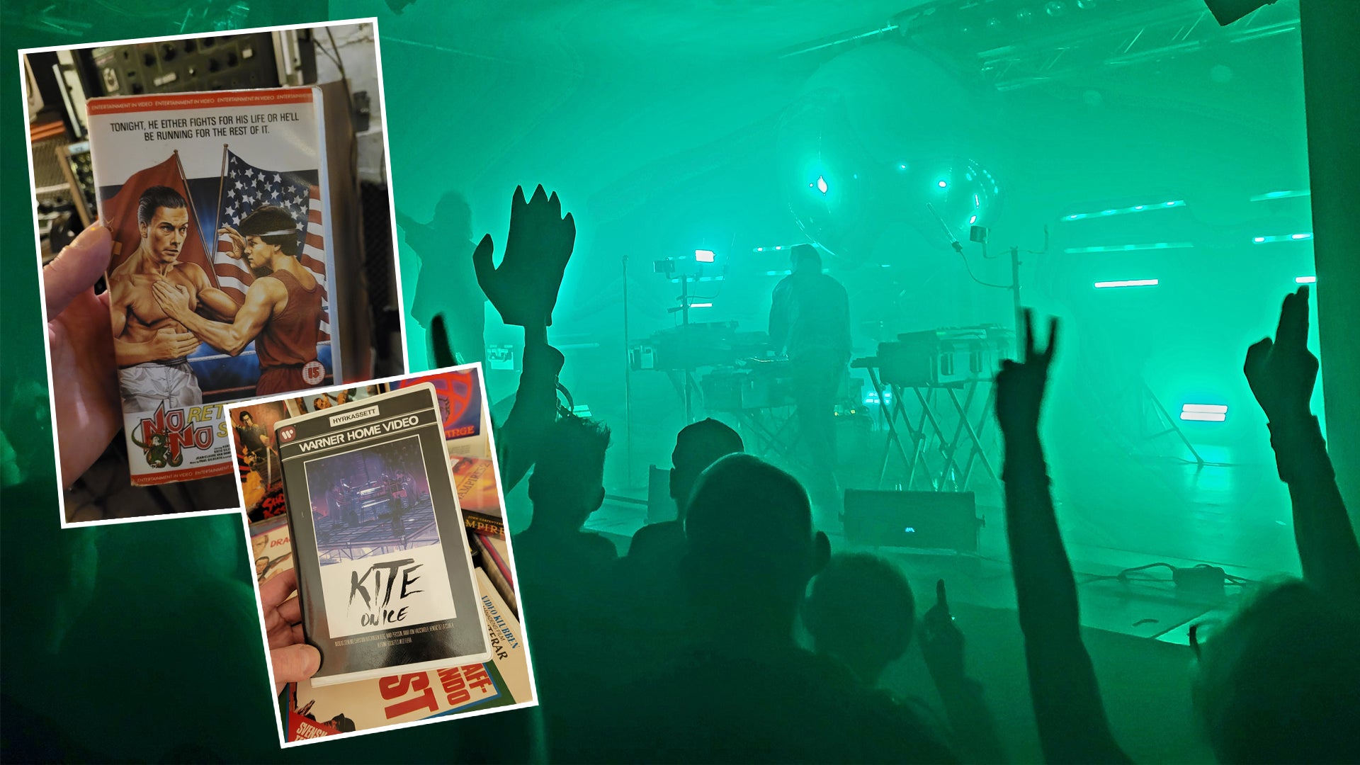 Konsertscen med publik som höjer händerna framför en scen med grönt ljus. Två vintage musikaffischer är inlagda i övre vänstra hörnet.