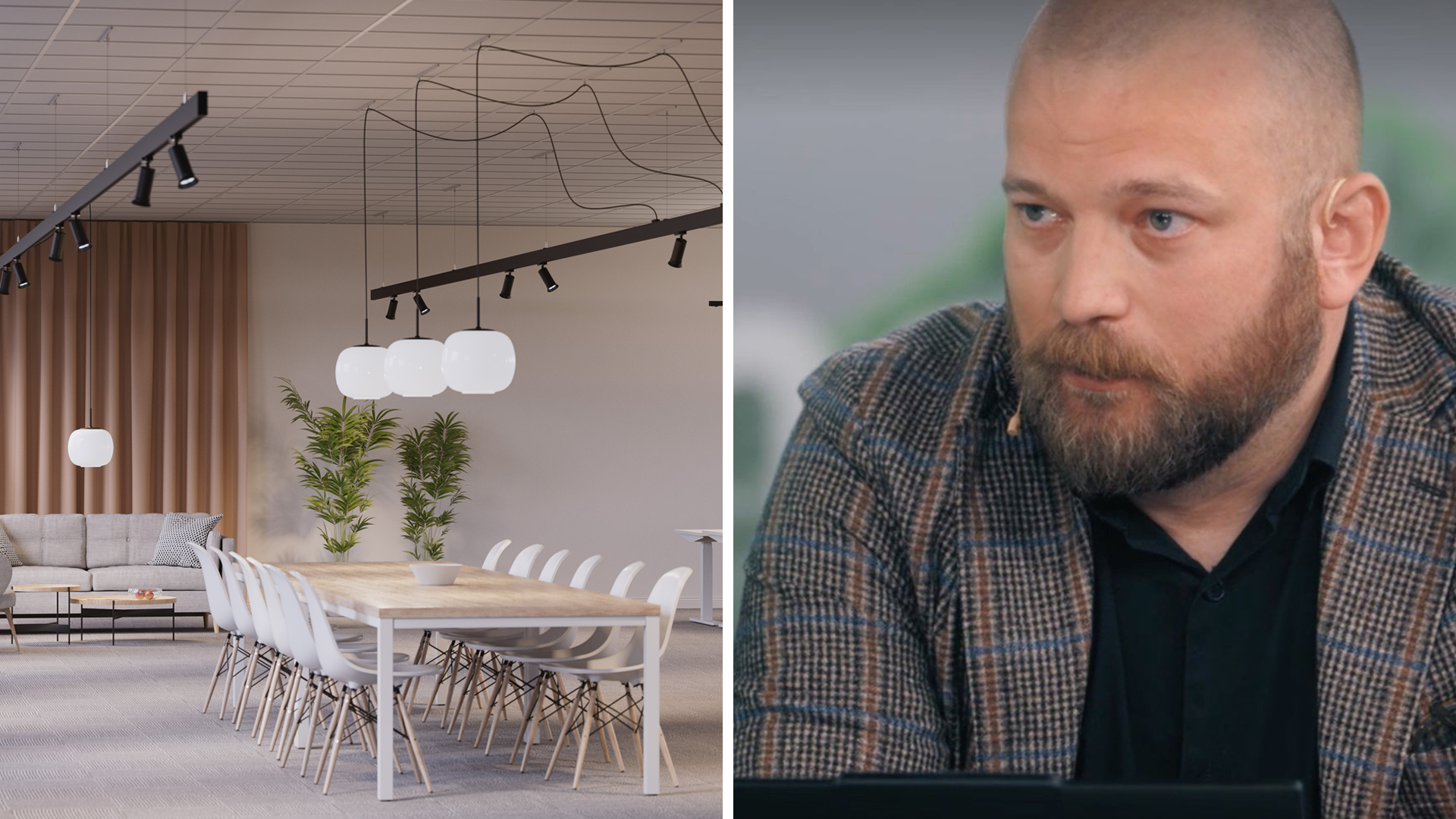 En modern matsalsmiljö med minimalistisk design och en porträttbild av en man med kort hår och skägg.